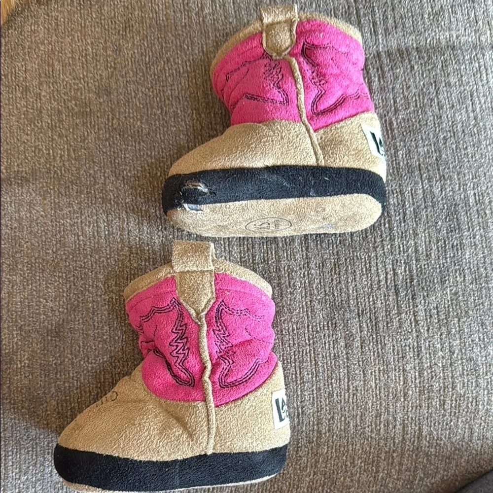 Cozy Pink and Tan Baby Boots Slippers, XS